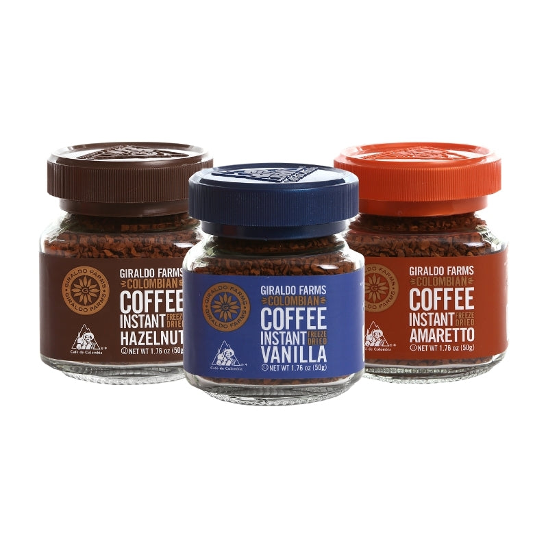 Giraldo Farms Taste of Colombia Bundle, hazelnut, vanilla and amaretto Colombian freeze-dried instant coffee mini jars